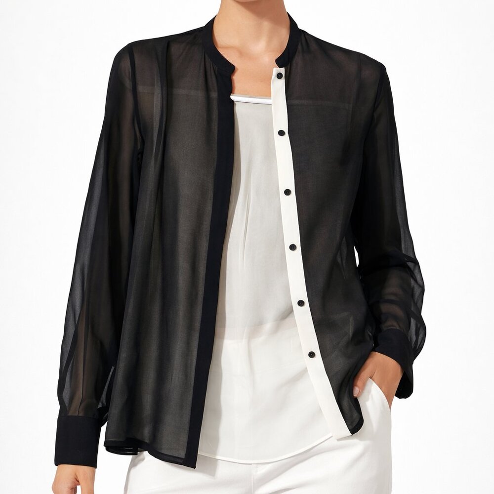 Vince Double Layered 100% Silk Shirt Black Button Down Blouse